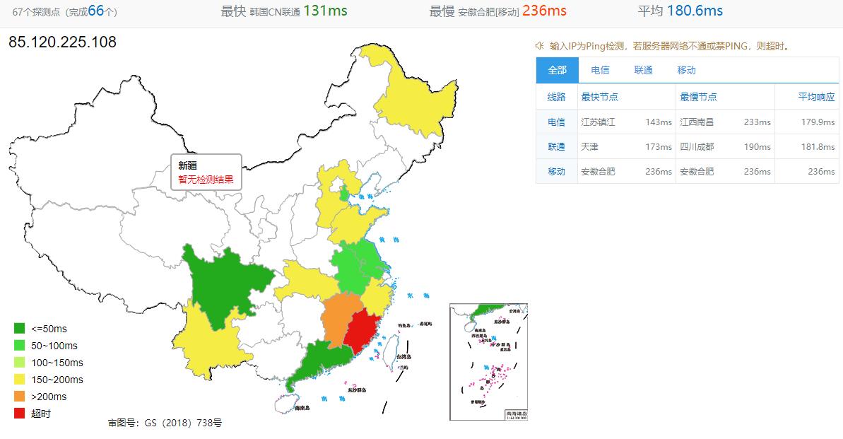 Virtono美国VPS洛杉矶机房三网全国Ping测试